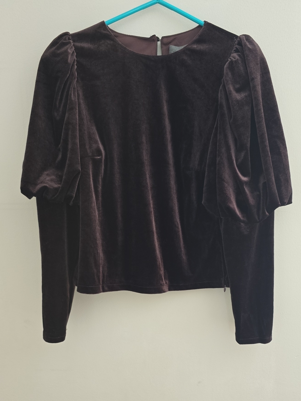 Anthropologie Velvet Puff-Sleeve Long Sleeve Top in Dark Brown